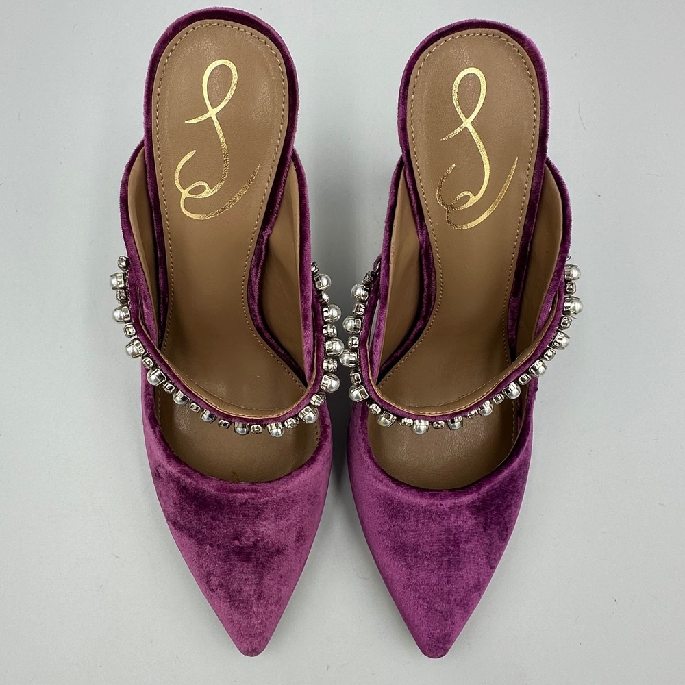 Sam Edelman Hyland Velvet Mule Heels 6.5 Purple Pearl Crystal Strap Glam Y2K NIB - Picture 11 of 16